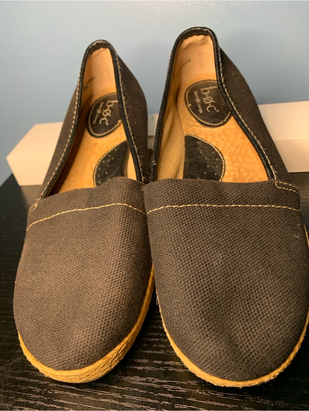 boc Black Canvas Slip-On Loafers with Tan Espadrille Sole